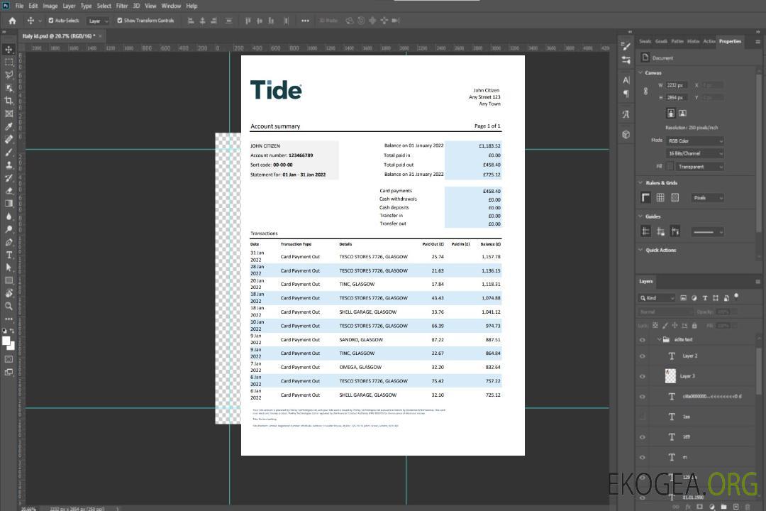 Relevé bancaire Tide du Royaume-Uni, modèle Excel et PDF template